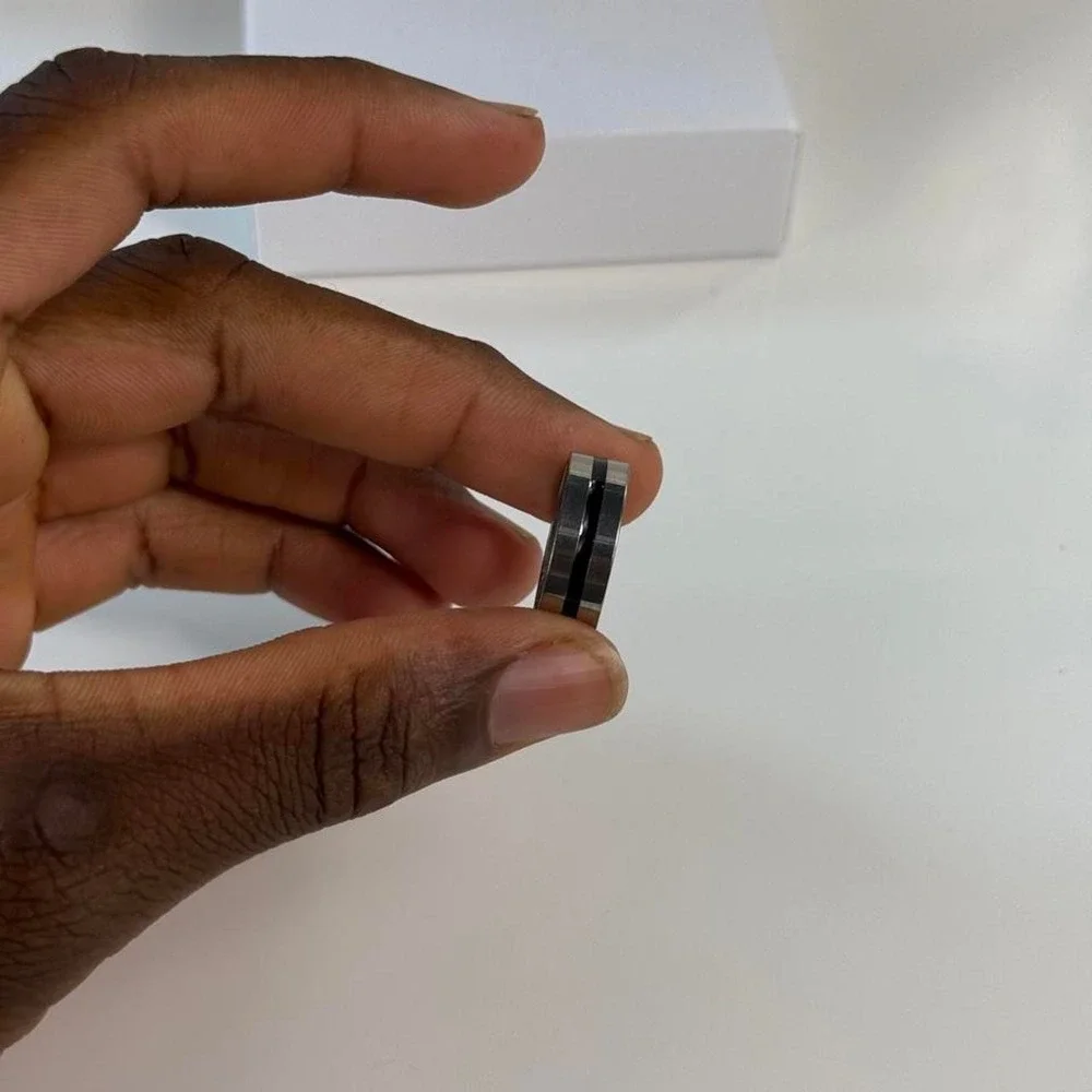 Mens Silver Band Ring with Black Stripe Minimalist Modern Jewelry Accessory